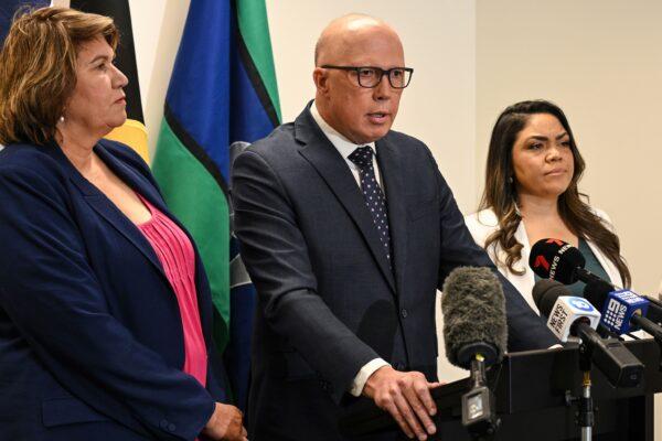 Australian Opposition Leader Peter Dutton (C) speaks to the media during a press conference alongside Indigenous Senators Kerrynne Liddle (L) and Jacinta Price (R) in Adelaide, Australia, on April 18, 2023. (AAP Image/Michael Errey)
