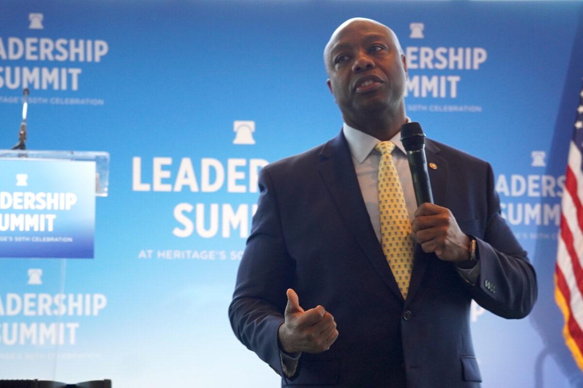Sen. Tim Scott (R-S.C.) speaks at the Heritage Foundation's Leadership Summit in National Harbor, Md., on April 20, 2023. (Terri Wu/The Epoch Times)