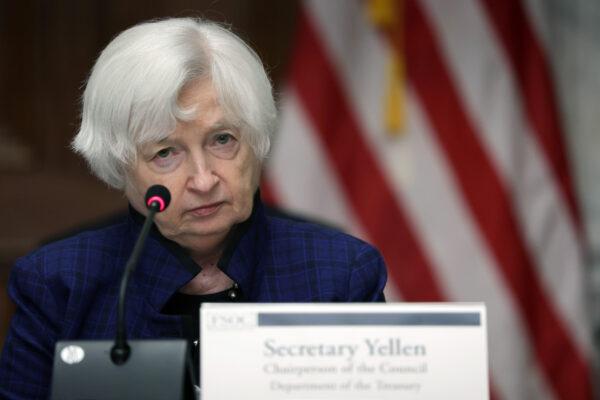 Treasury Secretary Janet Yellen listens during an open session of a Financial Stability Oversight Council meeting at the Department of the Treasury in Washington on April 21, 2023. (Alex Wong/Getty Images)