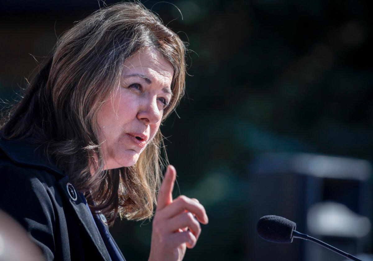 United Conservative Party Leader Danielle Smith speaks at a campaign launch rally in Calgary, Alta., on April 29, 2023. (The Canadian Press/Jeff McIntosh)