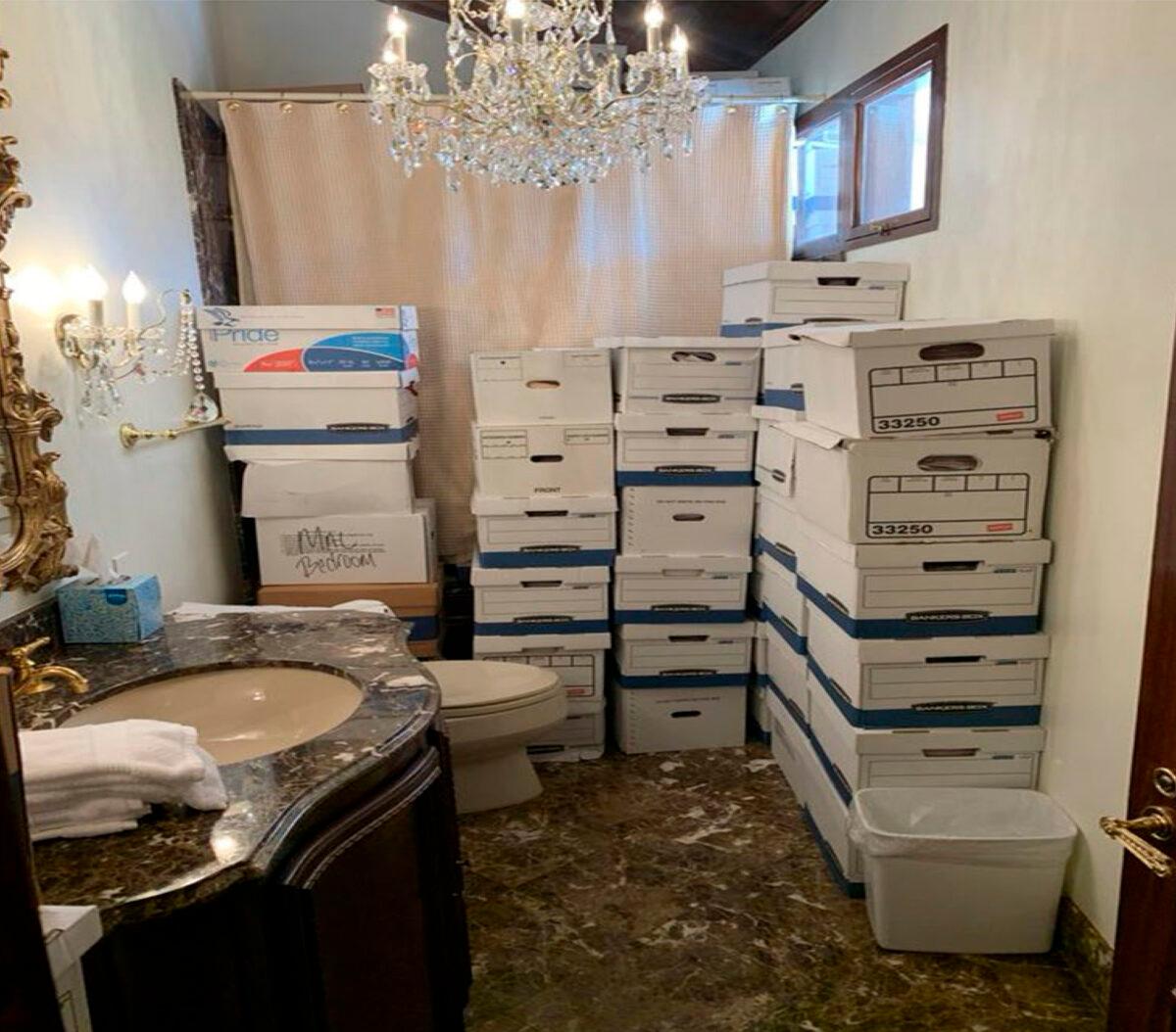 Boxes of records are stored in a bathroom at Trump's Mar-a-Lago estate in Palm Beach, Fla. (Department of Justice via AP)