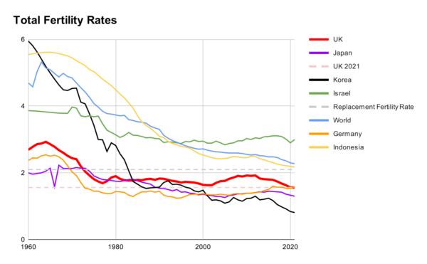 World Bank data on total fertility rates trends in selected countries. Data accessed in June 2023.(The Epoch Times)