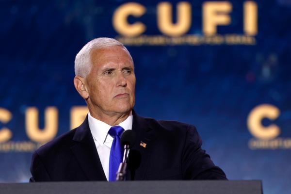 Republican presidential candidate, former Vice President Mike Pence delivers remarks at the Christians United for Israel (CUFI) summit in Arlington, Va., on July 17, 2023. (Anna Moneymaker/Getty Images)