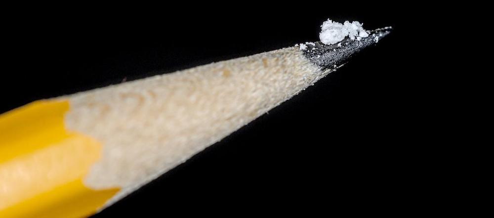 The U.S. Drug Enforcement Administration found that 6 out of 10 illicit pills contain a lethal dose of fentanyl. A lethal dose is two milligrams, about the amount on the tip of this pencil. (Courtesy DEA)