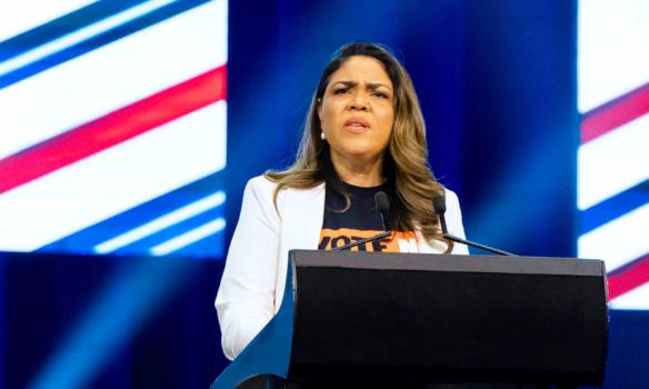 Senator and shadow minister for Indigenous Australia Jacinta Price speaks at CPAC Australia in Sydney, Australia, on Aug. 19, 2023. (Wade Zhong/The Epoch Times)