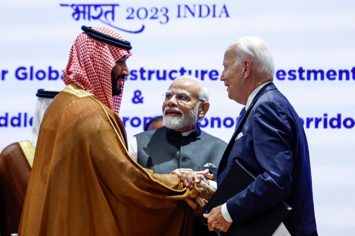 Saudi Arabian Crown Prince and Prime Minister Mohammed bin Salman (L), Indian Prime Minister Narendra Modi (C), and U.S. President Joe Biden attend a session as part of the G20 Leaders' Summit at the Bharat Mandapam in New Delhi on Sept. 9, 2023. (Evelyn Hockstein/AFP via Getty Images)