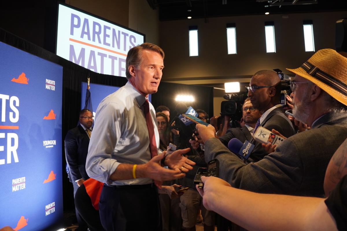Virginia Gov. Glenn Youngkin speaks to media after a "Parents Matter" town hall in Leesburg, Va., on Sept. 12, 2023. (Terri Wu/The Epoch Times)