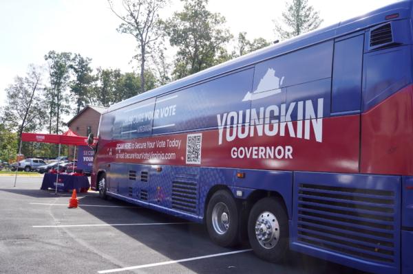 A "Secure Your Vote" bus parked at the Cornerstone Chapel during a "Parents Matter" townhall by Virginia Gov. Glenn Youngkin in Leesburg, Va., on Sept. 12, 2023. (Terri Wu/The Epoch Times)