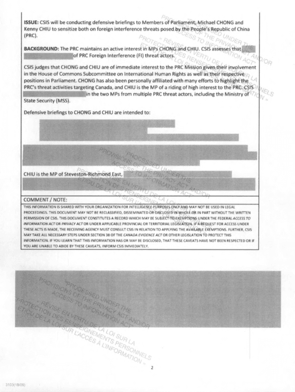 Screenshot of a May 2021 Canadian Security Intelligence Service memo obtained via ATIP. (The Epoch Times)