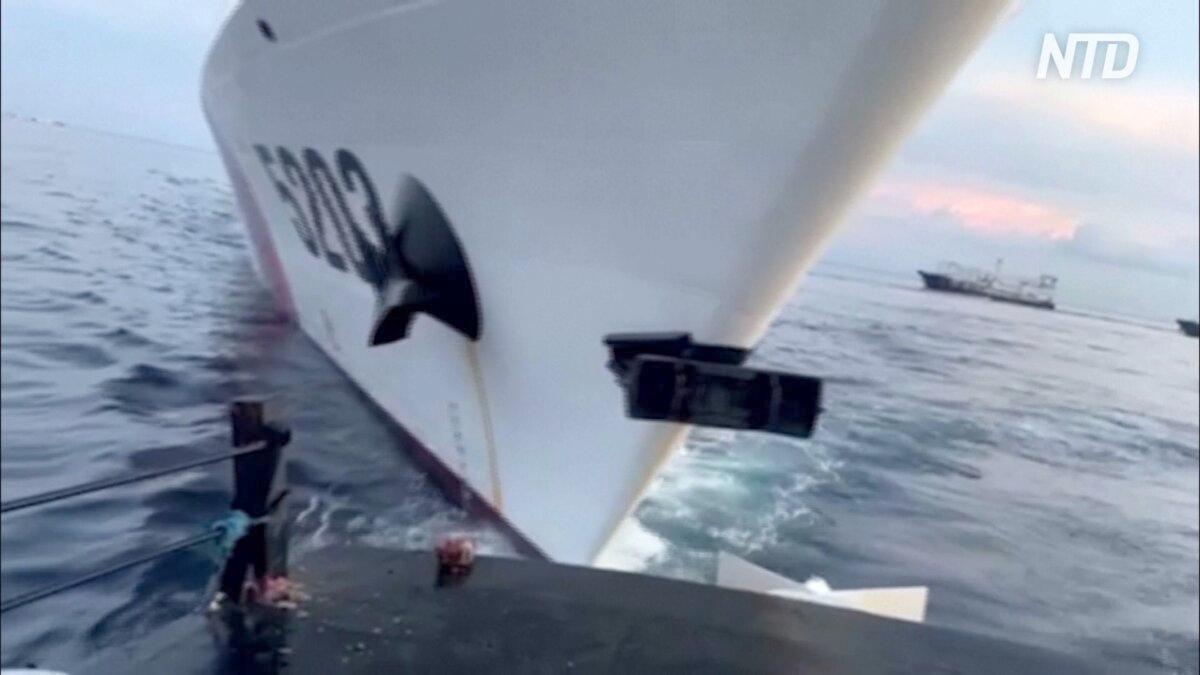A still from video footage released by the Armed Forces of the Philippines shows a Chinese vessel after grazing the hull of a Philippine boat near the Second Thomas Shoal in the South China Sea on Oct. 22, 2023. (Armed forces of the Philippines/Screenshot via NTD)
