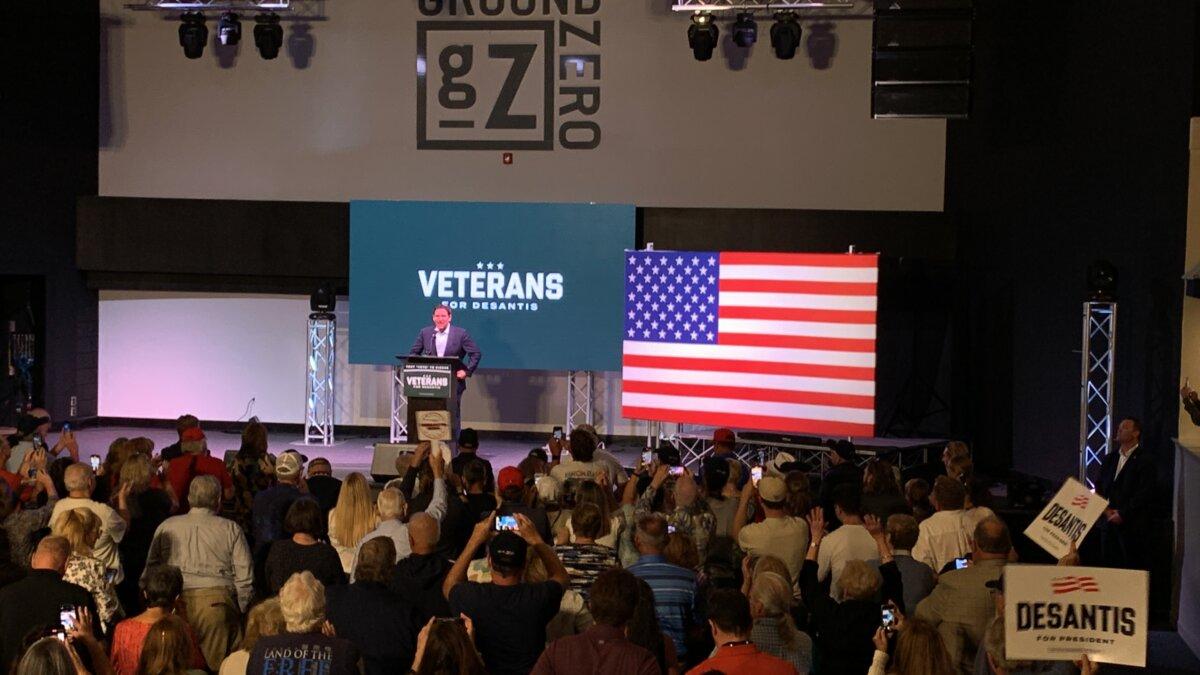 Florida Gov. Ron DeSantis speaks at the Veterans for DeSantis' Coalition rally in Myrtle Beach, S.C., on Oct. 19, 2023. (T.J. Muscaro/The Epoch Times)