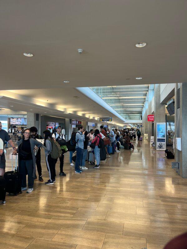 A long security line at Israel's Ben Gurion Airport as people leave the country after the Hamas terror attacks, on Oct. 9, 2023. (Courtesy of Bishop Quigg Lawrence)