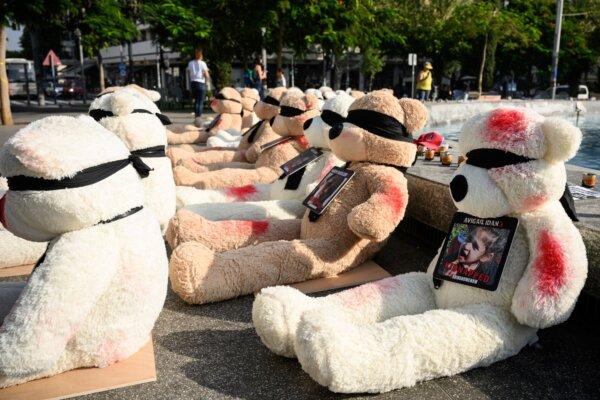 Soft teddy bears with their eyes covered and showing signs of injury are displayed to highlight the young children and babies currently missing, believed to be being held hostage, by Hamas, in Tel Aviv, Israel, on Oct. 25, 2023. (Leon Neal/Getty Images)