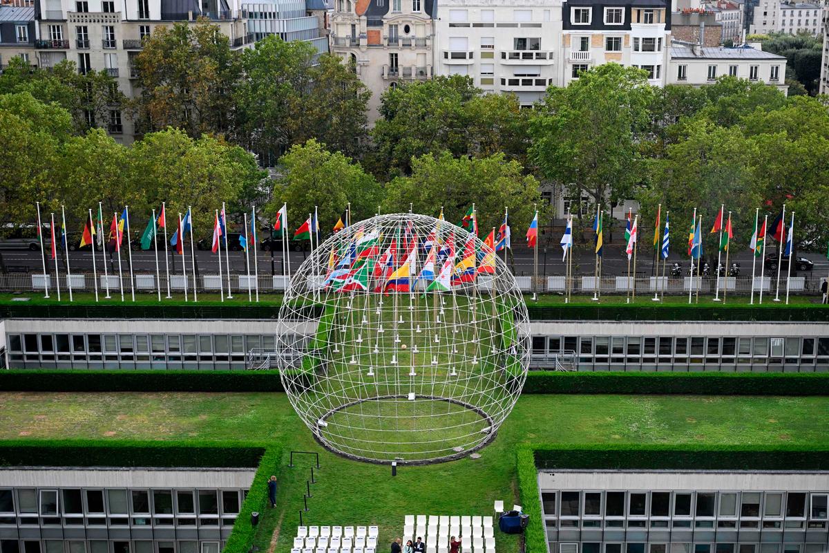 An aerial view of a sculpture at the UNESCO headquarters in Paris on July 25, 2023. The United States rejoined UNESCO under the Biden administration after President Donald Trump exited the agency in 2018. (Bertrand Guay/AFP via Getty Images)