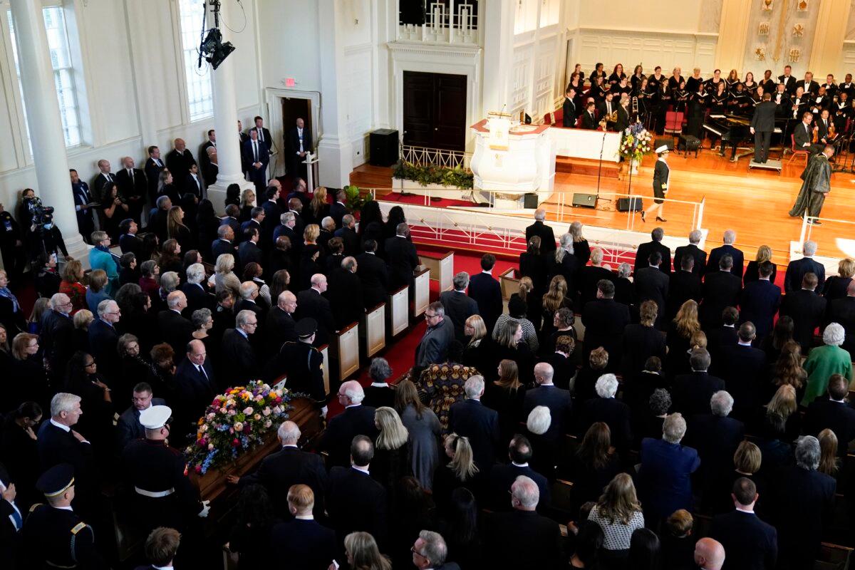 The casket of former First Lady Rosalynn Carter arrives inside Glenn Memorial Church in Atlanta on Nov. 28, 2023. (Andrew Harnik/AP Photo)