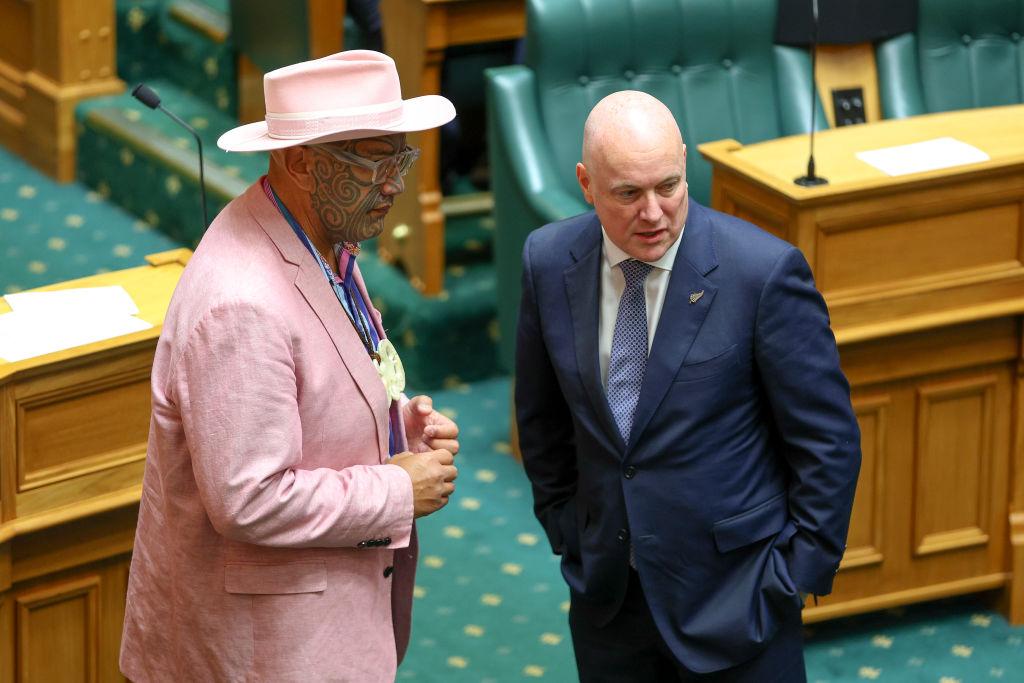 Maori Party co-leader Rawiri Waititi speaks to Prime Minister Christopher Luxon during the State Opening of Parliament in Wellington, New Zealand on Dec. 6, 2023. (Hagen Hopkins/Getty Images)