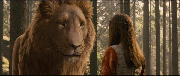 Aslan and one of the Pevensie children, in "The Chronicles of Narnia: Prince Caspian." (Walden Media)