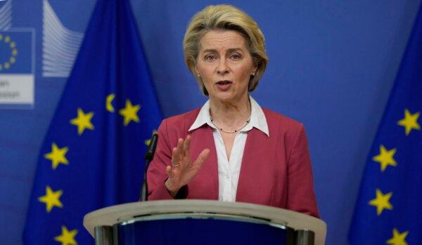 European Commission President Ursula von der Leyen speaks during a media conference on the Chips Act at the EU headquarters in Brussels on Feb. 8, 2022. (Virginia Mayo/AFP via Getty Images)