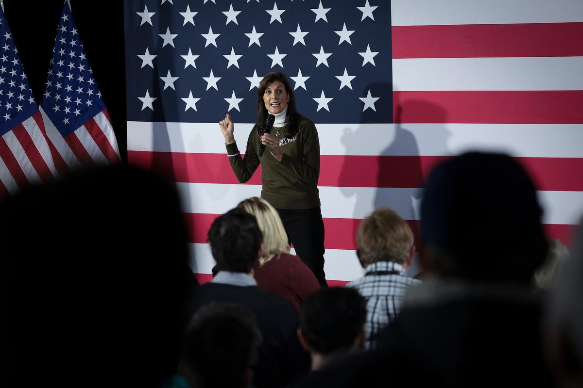 Republican presidential candidate former U.N. Ambassador Nikki Haley speaks during a campaign event at the James Theater on January 13, 2024 in Iowa City, Iowa. (Win McNamee/Getty Images)