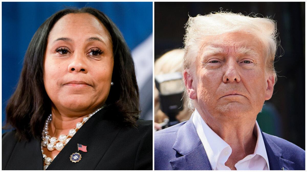 (Left) Fulton County District Attorney Fani Willis speaks during a news conference at the Fulton County Government building in Atlanta, on Aug. 14, 2023. (Joe Raedle/Getty Images), (Right) Former President Donald Trump leaves at the Iowa State Fair in Des Moines, Iowa, on Aug. 12, 2023. (Madalina Vasiliu/The Epoch Times)