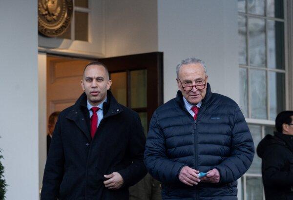 House Minority Leader Hakeem Jeffries (D-N.Y.) and Senate Majority Leader Chuck Schumer (D-N.Y.) arrive to speak to reporters following a meeting with President Joe Biden about government funding, outside the West Wing of the White House on Jan. 17, 2024. (Saul Loeb/AFP via Getty Images)