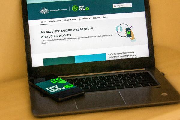 An image of the phone app and front page to Australia's MyGov ID (digital ID) portal and website, taken in Perth, Western Australia on Jan. 22, 2024. (Wade Zhong/The Epoch Times)