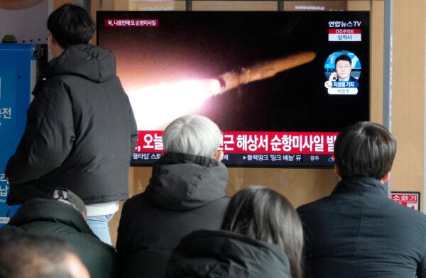 A TV screen shows a file image of North Korea's missile launch during a news program at the Seoul Railway Station in Seoul, South Korea, on Jan. 28, 2024. (Ahn Young-joon/AP Photo)