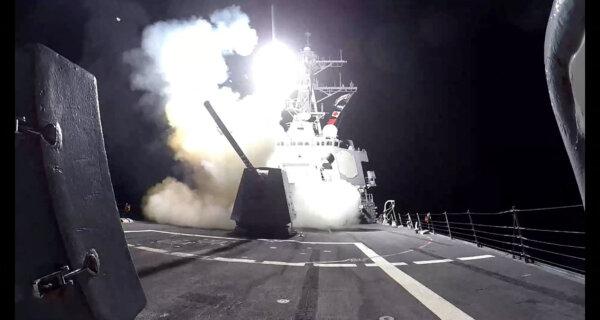 A Tomahawk land attack missile (TLAM) is launched from the U.S. Navy Arleigh Burke-class guided-missile destroyer USS Gravely against what the U.S. military describes as Houthi military targets in Yemen, on Feb. 3, 2024. (U.S. Central Command/Handout via Reuters)