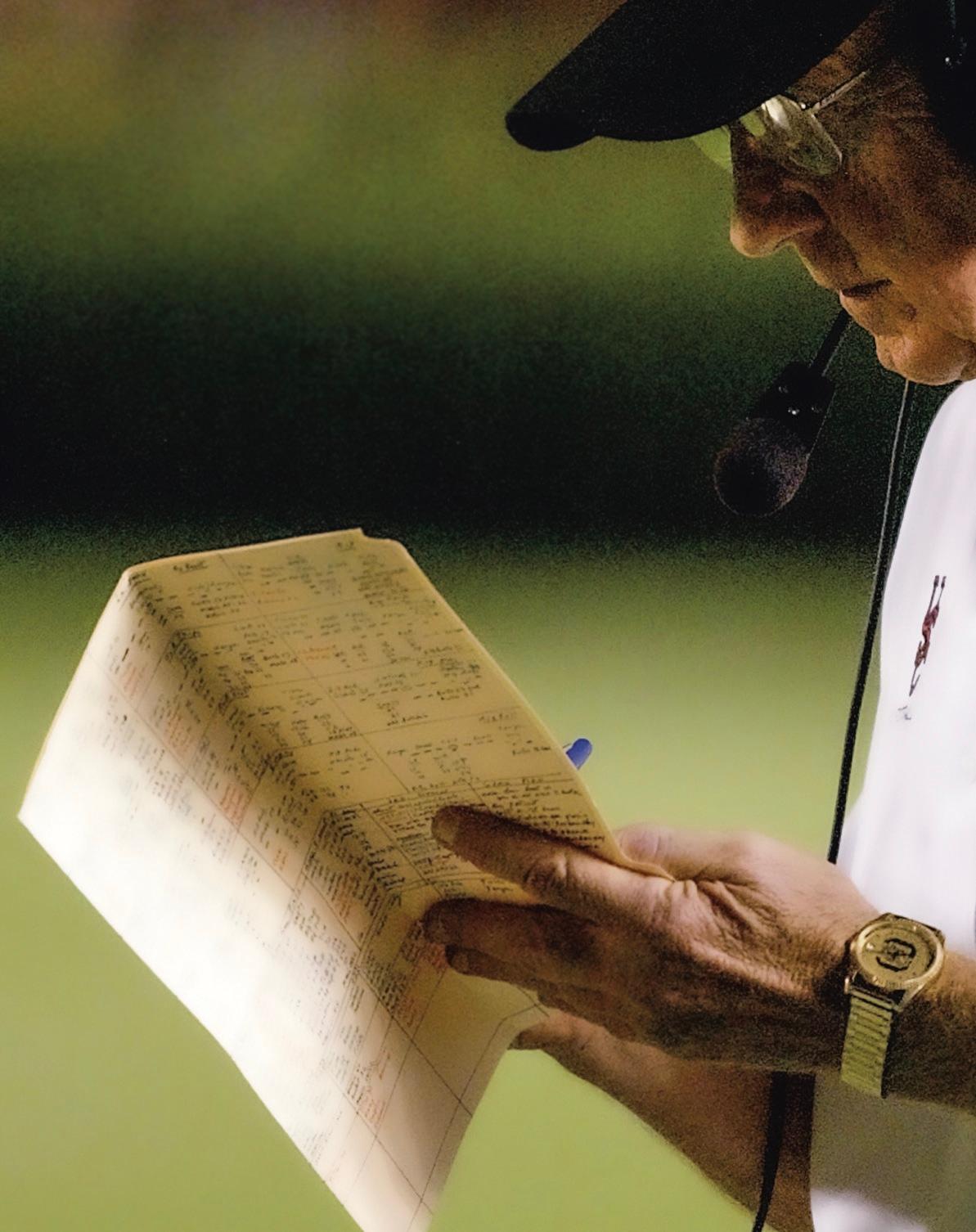 Mr. Holtz looks over his playbook during a South Carolina Gamecocks game, September 2004. (Streeter Lecka/Stringer/Getty Images)