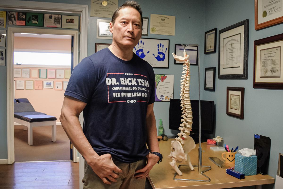 Dr. Rick Tsai in his chiropractic office in Darlington, Pa., on Feb. 20, 2024. He is running as a Republican in the Sixth Congressional District in hopes of addressing the East Palestine train derailment from Congress. (Beth Brelje/The Epoch Times)