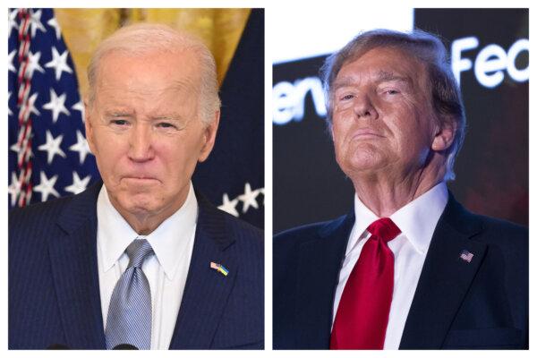 (Left) President Joe Biden speaks to a group of governors in the East Room of the White House in Washington on February 23, 2024. (Right) Former U.S. President Donald Trump receives applause during the Black Conservative Federation Gala in Columbia, S.C., on Feb. 23, 2024. (Saul Loeb/AFP via Getty Images; Sean Rayford/Getty Images)