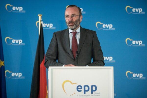 Manfred Weber, chairman of the center-right European People's Party (EPP) Group, addresses a joint news conference during the EPP Group's Bureau meeting in Berlin on Sept. 9, 2021. (Stefanie Loos/AFP via Getty Images)