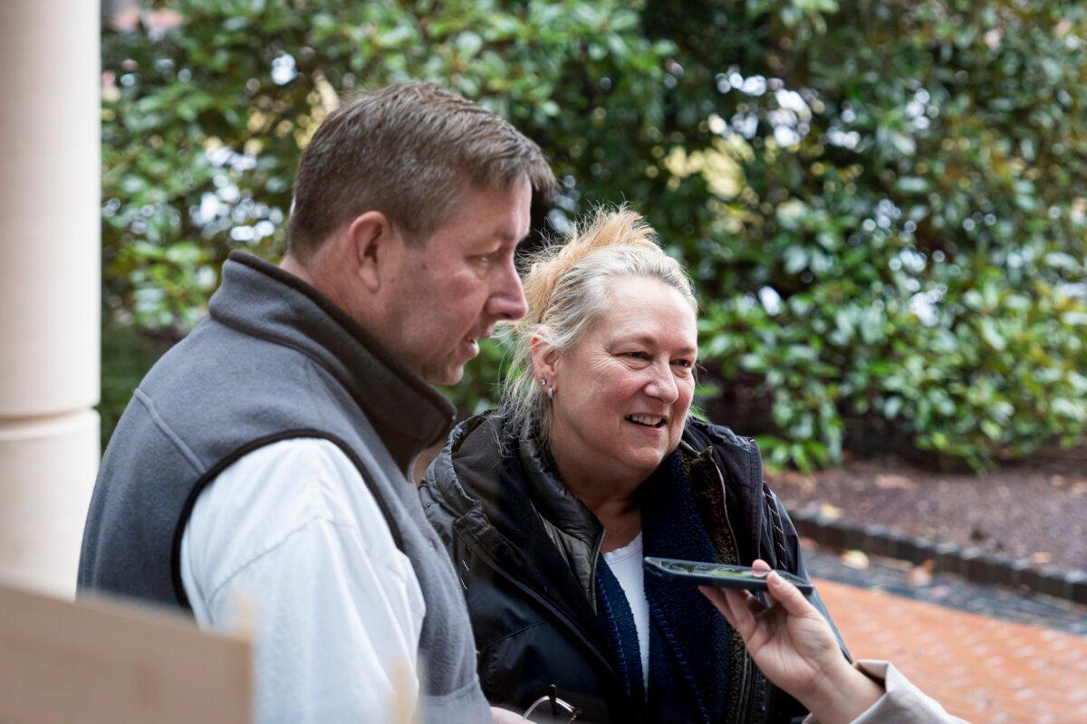 Linda and Nick Connolly speak with The Epoch Times after voting in the 2024 presidential primary at the Loudoun County Office of Elections in Leesburg, Va., on March 2, 2024. (Madalina Vasiliu/The Epoch Times)