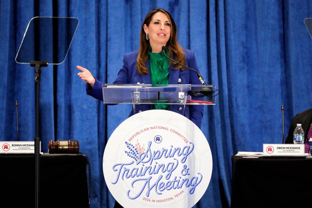 Ronna McDaniel, the outgoing Republican National Committee chairwoman, gives her last speech in the position at the general session of the RNC Spring Meeting in Houston, Texas, on March 8, 2024. (AP Photo/Michael Wyke)