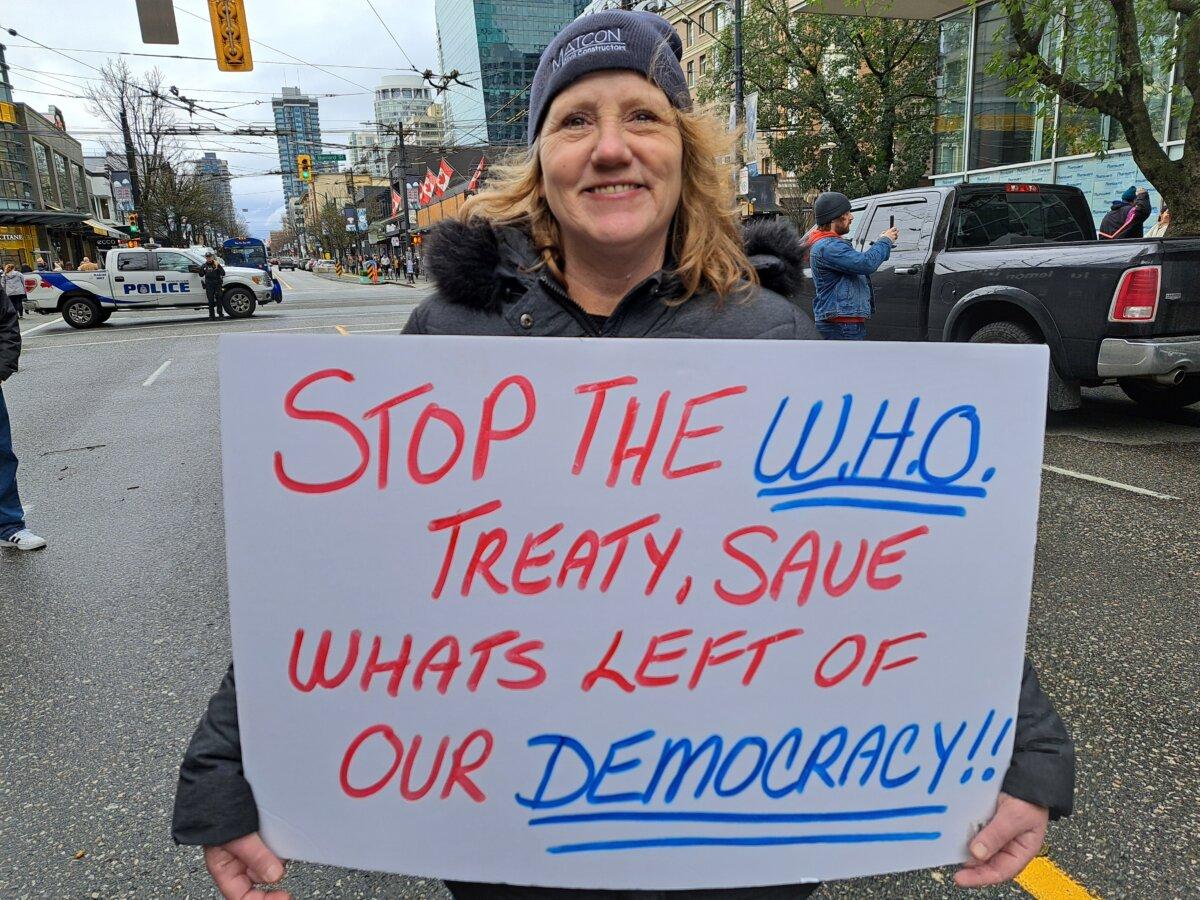 A protester at the Stand United rally in Vancouver on March 9, 2024. (Jeff Sandes/The Epoch Times)