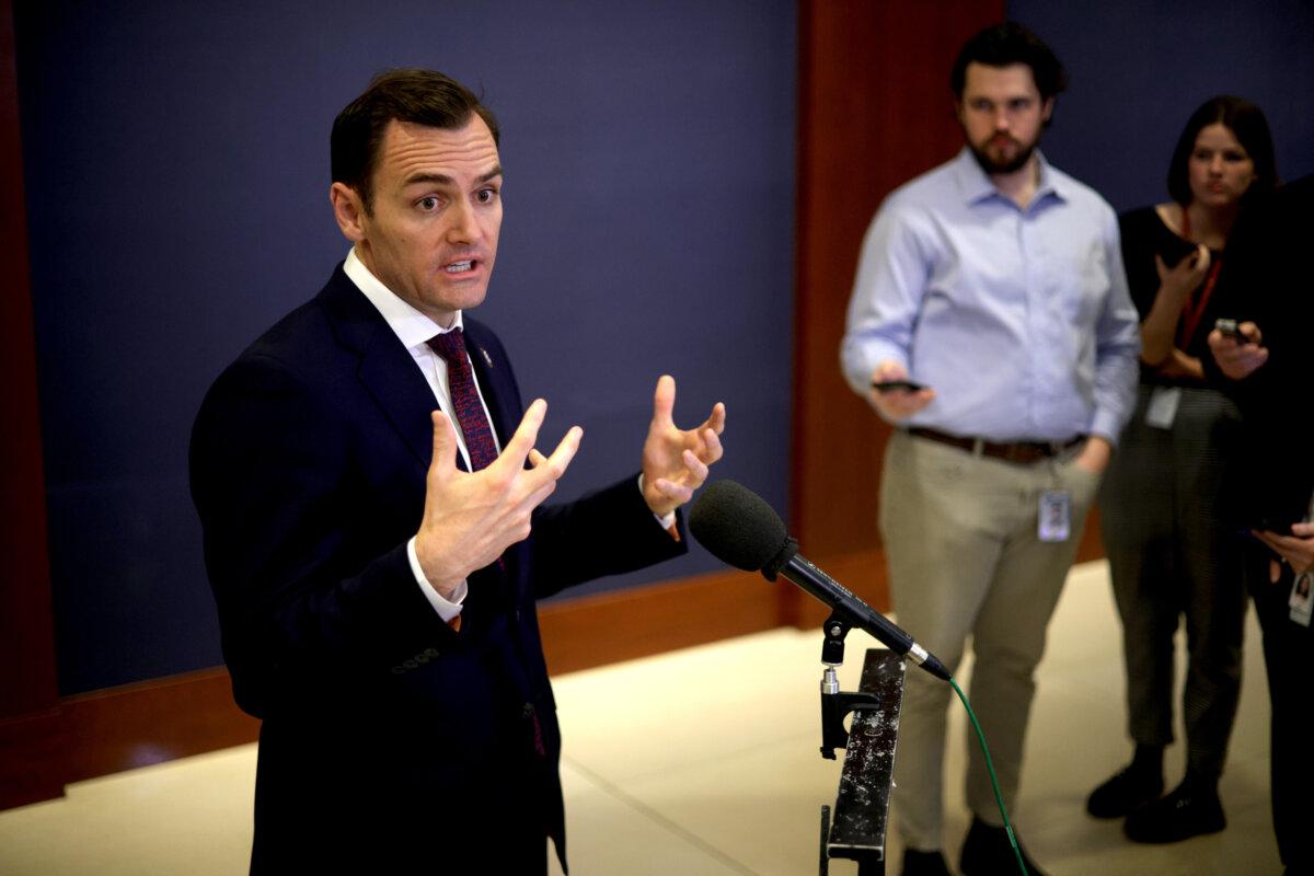 Rep. Mike Gallagher (R-Wis.) speaks to members of the press after a members-only classified briefing on TikTok at the Capitol Visitor Center on Capitol Hill in Washington on March 12, 2024. (Alex Wong/Getty Images)