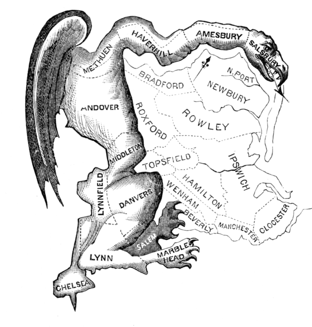 Printed in March 1812, this political cartoon was a reaction to the newly drawn state senate election district of South Essex created by the Massachusetts legislature to favor the Democratic-Republican Party. The caricature satirizes the bizarre shape of the district as a dragon-like "monster," and Federalist newspaper editors and others at the time likened it to a salamander. (Public Domain)