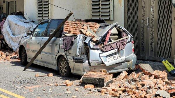 A car is damaged by the earthquake that hit Hualien city, Taiwan, on April 3, 2024. (Courtesy of local residents)