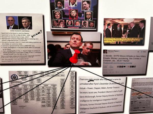 A segment of the timeline in the documentary "Flynn—Deliver the Truth. Whatever the Cost," displayed at the film's premiere in Venice, Fla. on April 5, 2024. (Patricia Tolson/The Epoch Times)
