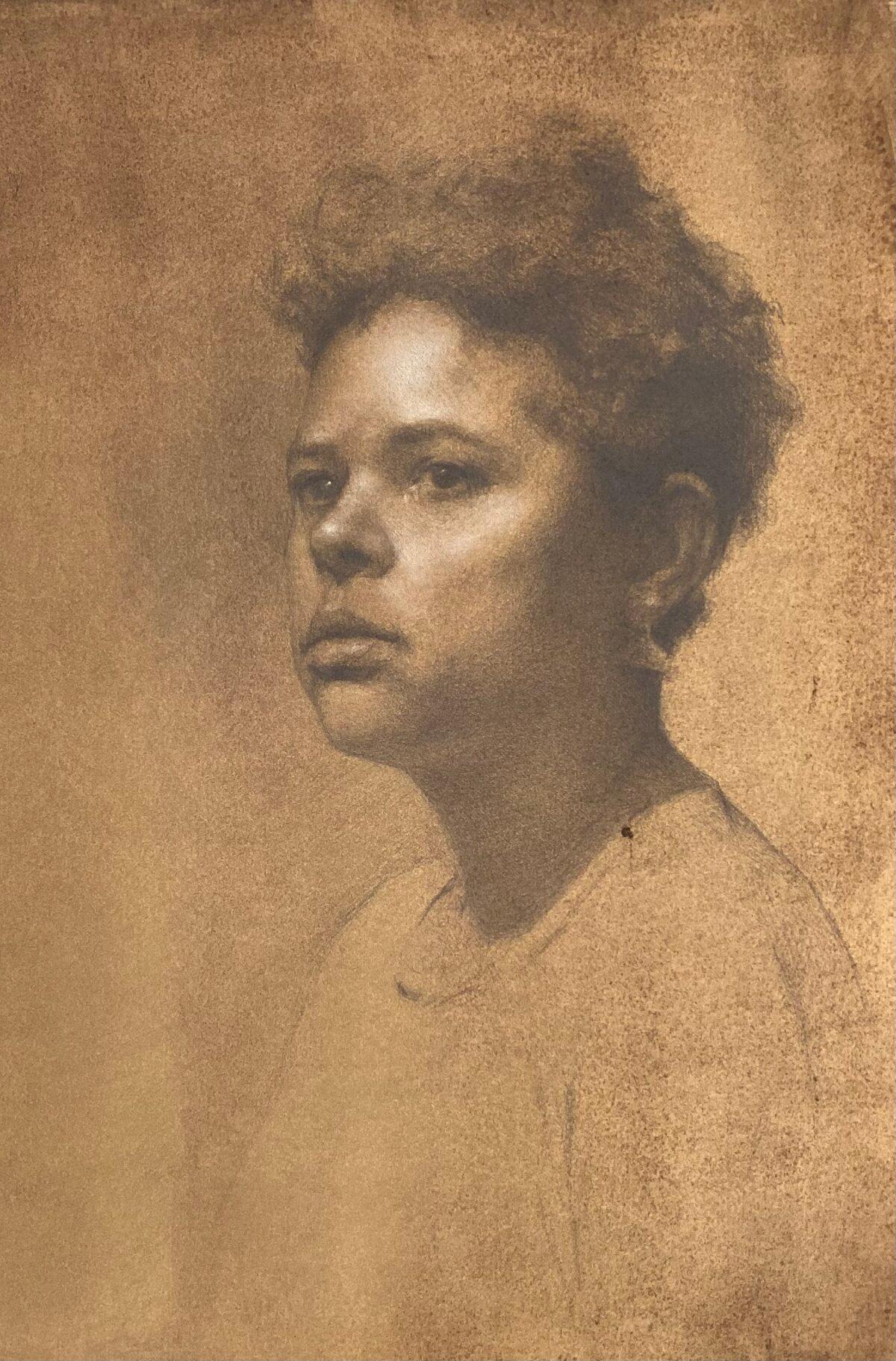 “December's Goodbye” by Laura Arenson of London. Graphite and chalk on hand-toned paper; 20.4 inches by 14.1 inches. (Courtesy of the Portrait Society of America)