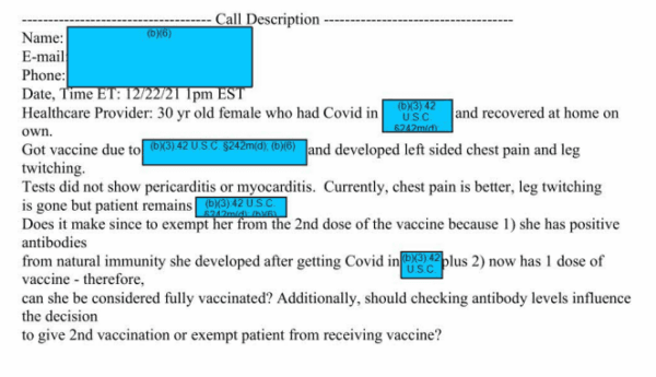 An email obtained by The Epoch Times shows a health care provider reporting symptoms in a woman after COVID-19 vaccination. The reason she received a vaccine was hidden by the CDC. (The Epoch Times)