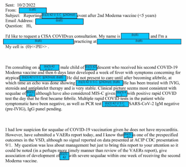 An email obtained by The Epoch Times shows a healthcare provider reporting symptoms in a child following receipt of a Moderna COVID-19 vaccine. The original copy included redactions. (The Epoch Times)