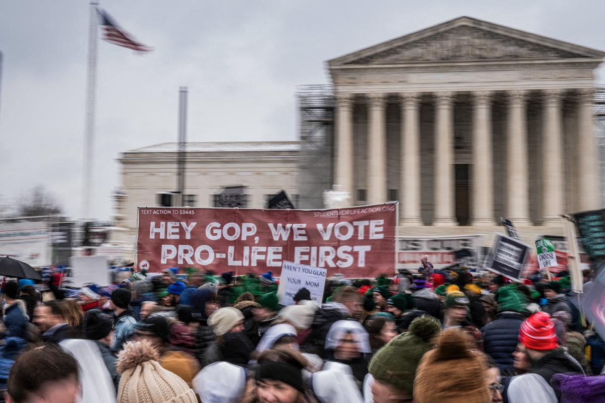 Demonstrators participate in the March For Life pro-life rally in front of the Supreme Court in Washington on Jan. 19, 2024. (Roberto Schmidt/AFP via Getty Images)