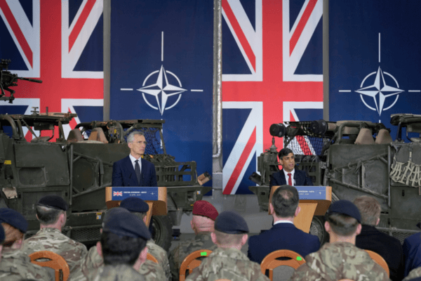 NATO Secretary General Jens Stoltenberg (left) and Prime Minister Rishi Sunak address a press conference at the Warsaw Armoured Brigade in Warsaw, Poland, on April 23, 2024. (Alastair Grant/PA Wire)