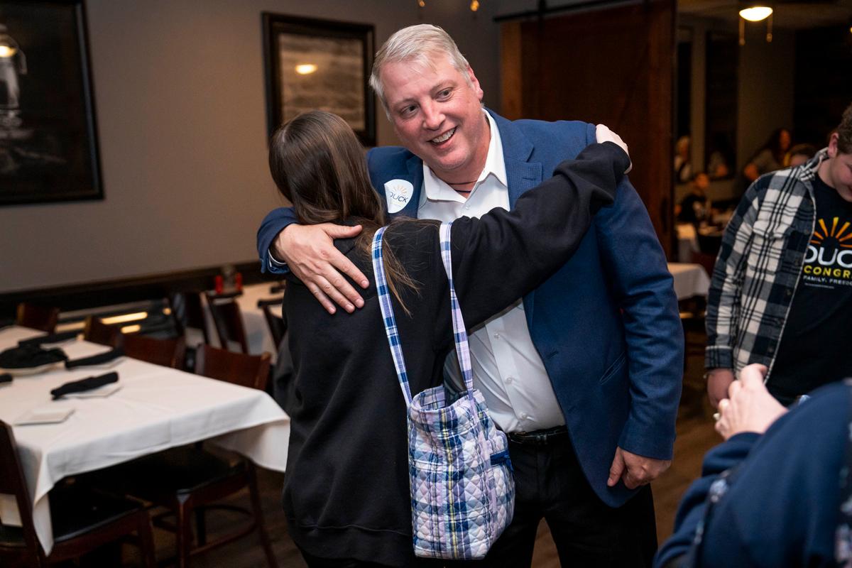 Congressional candidate Mark Houck during his watch party in Langhorne, Pa., on April 23, 2024. (Madalina Vasiliu/The Epoch Times)