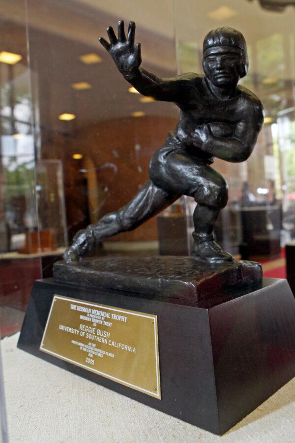 The Heisman Trophy awarded to Reggie Bush in 2005 is seen at USC's Heritage Hall in Los Angeles on June 10, 2010. (Reed Saxon/AP Photo)