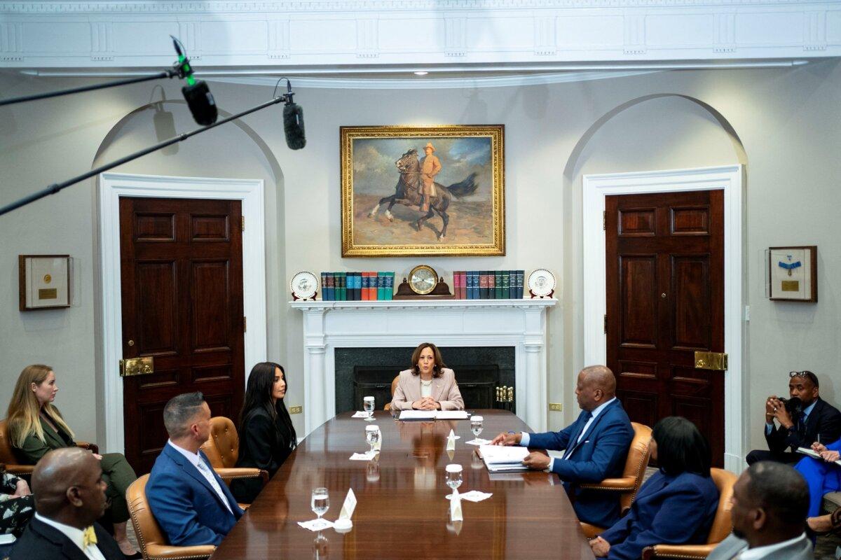 Vice President Kamala Harris speaks during a roundtable on criminal justice in the Roosevelt Room at the White House on April 25, 2024. (Bonnie Cash/Reuters)