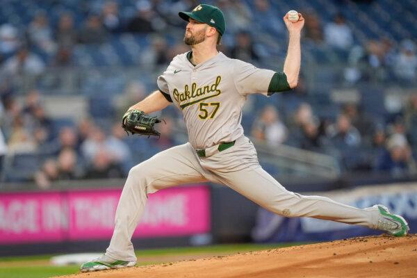 A's left-hander Alex Wood works against the Yankees in New York on April 25, 2024. (Bryan Woolston/AP Photo)