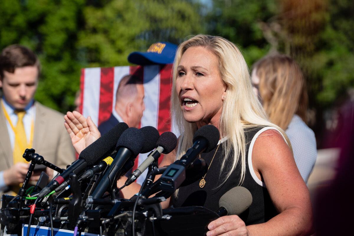 Rep. Marjorie Taylor Greene (R-Ga.) speaks during a press conference about next week’s motion to vacate House Speaker Mike Johnson (R-La.) in Washington on May 1, 2024. (Madalina Vasiliu/The Epoch Times)