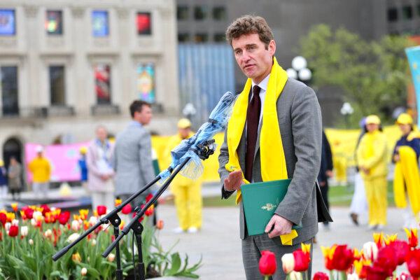 Liberal MP Yvan Baker speaks during the Falun Dafa Day event on Parliament Hill in Ottawa on May 8, 2024. (Jonathan Ren/The Epoch Times)